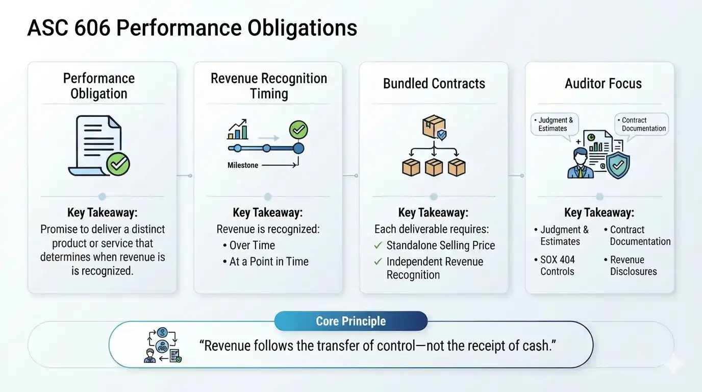 "Professional ASC 606 FAQ infographic explaining performance obligations, revenue recognition timing, bundled contracts, and auditor focus areas, including SOX 404 controls, contract documentation, and revenue recognition best practices for finance and accounting professionals."