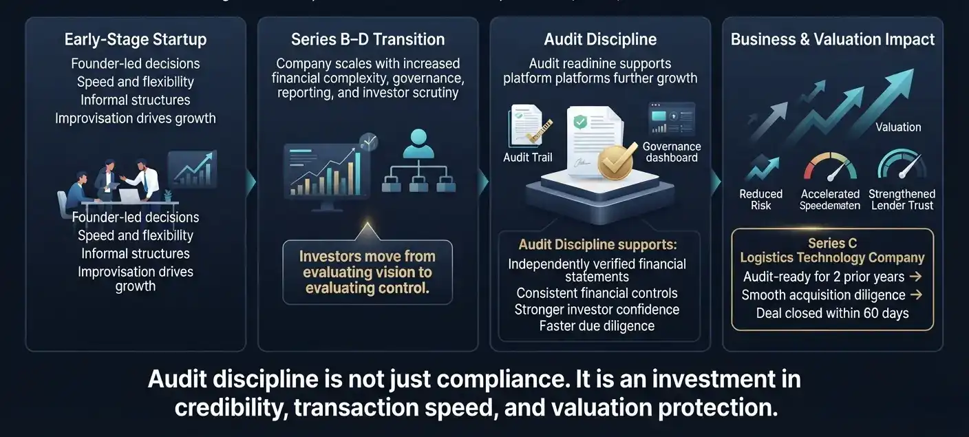 Startup audit discipline infographic showing the journey from early-stage growth through Series BβD, audit readiness, investor scrutiny, and stronger valuation, highlighting faster due diligence and investor trust.