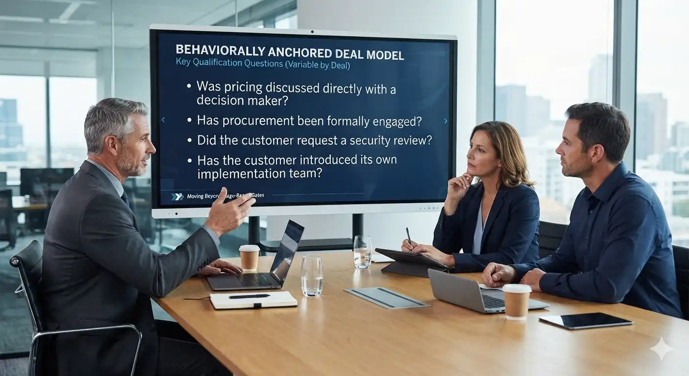 Finance and sales leaders reviewing a behaviorally anchored deal model during a sales pipeline forecasting meeting, with qualification questions on pricing, procurement, and security review displayed on screen
