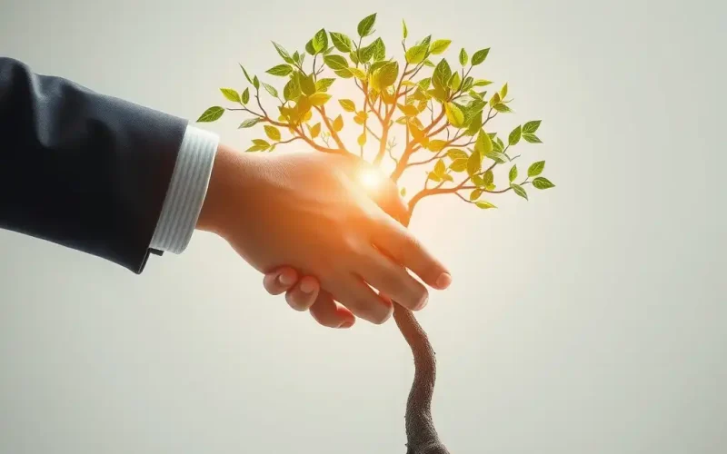 Business handshake with growing tree symbolizing sustainable growth from M&A partnership