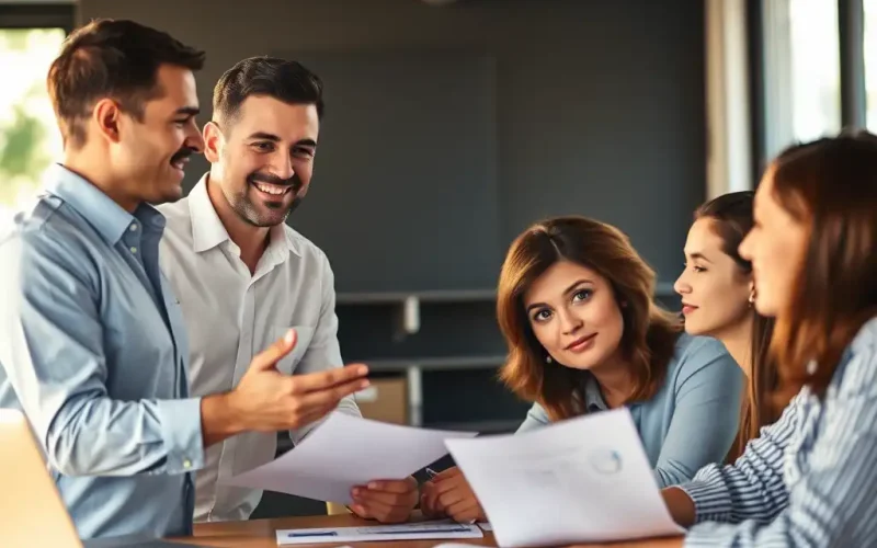 Team reviewing charts and reports together during a business meeting