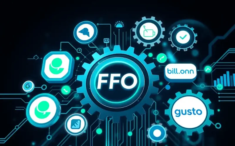 Fractional chief financial officer technology stack illustration with automated finance tool icons