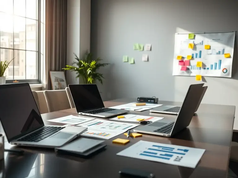 Fractional CFO workspace with laptops and financial reports, representing the systems used for managing multiple clients
