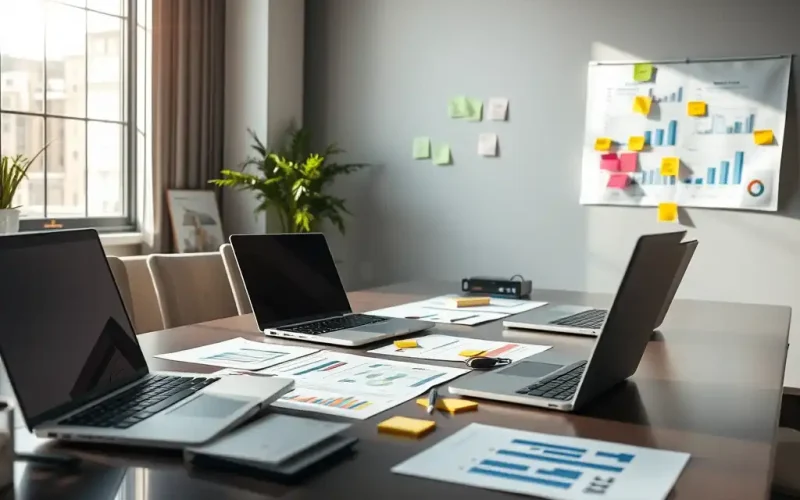 Fractional CFO workspace with laptops and financial reports, representing the systems used for managing multiple clients