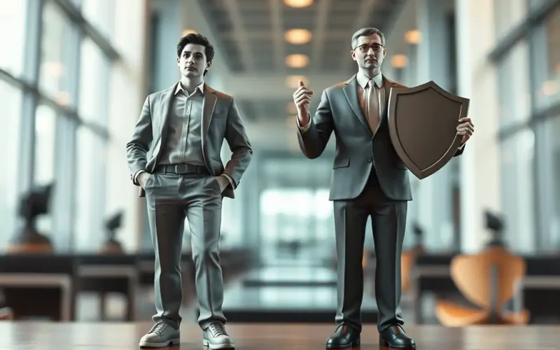 Common stock vs preferred stock: unprotected common shareholder next to preferred shareholder holding a protective shield
