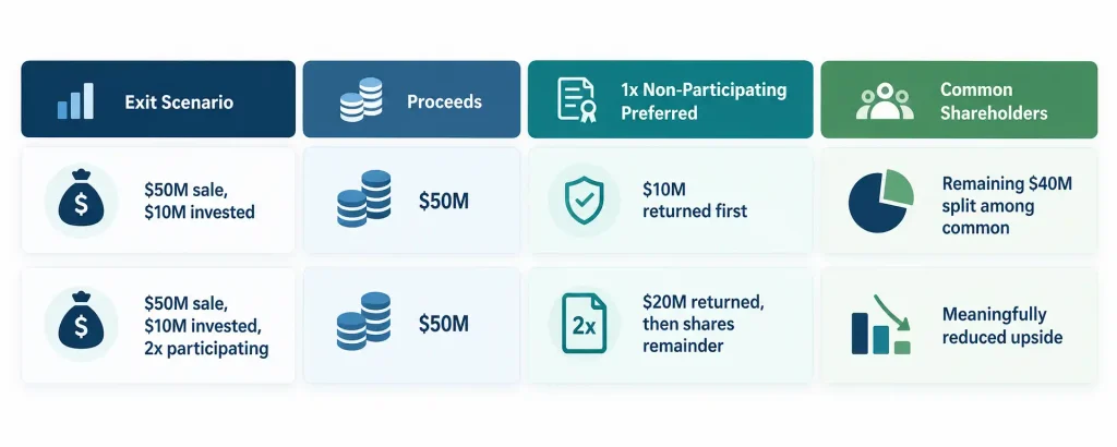 How preferred stock terms compound from seed round through Series A, Series B, later rounds, and exit or IPO