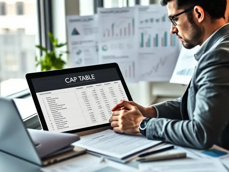 CFO reviewing a startup cap table on a laptop to model SAFE vs convertible note dilution before a priced round
