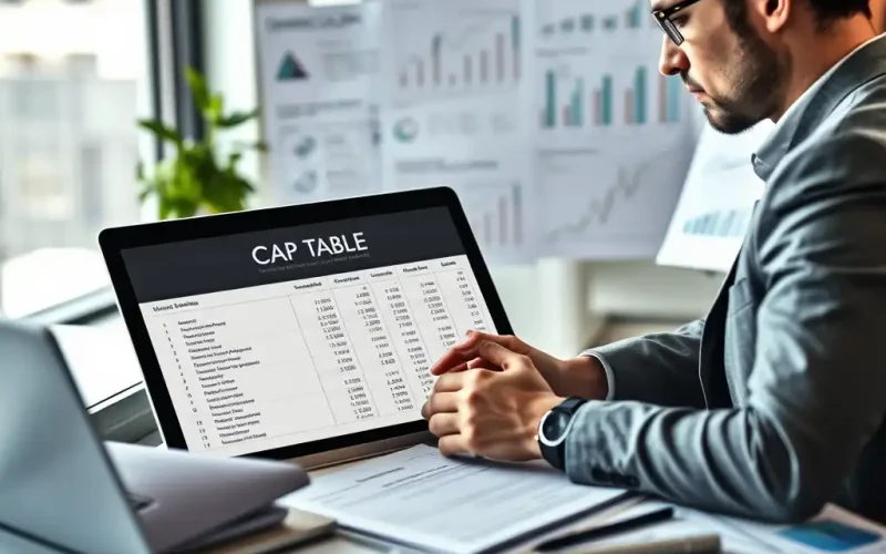 CFO reviewing a startup cap table on a laptop to model SAFE vs convertible note dilution before a priced round