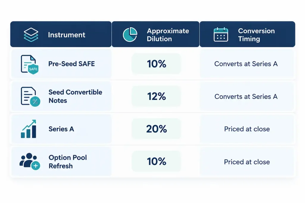 Cap table dilution chart showing SAFE, convertible note, Series A, and option pool refresh percentages by conversion timing