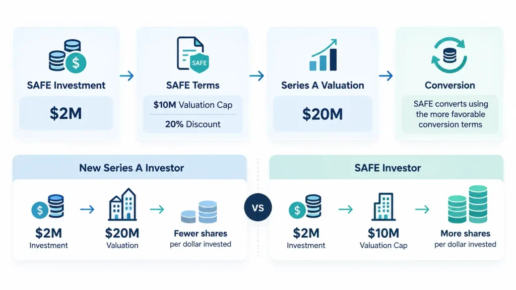 SAFE vs convertible note conversion example: $2M SAFE with $10M valuation cap converts to more shares than a $20M Series A investment