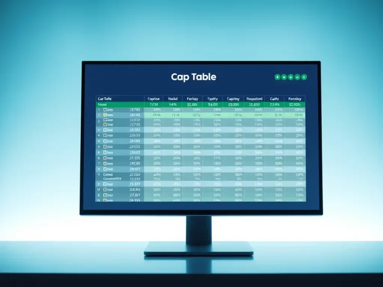 Cap table spreadsheet displayed on a computer screen, illustrating startup equity and ownership tracking