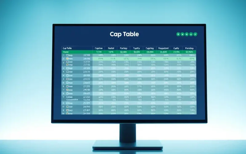 Cap table spreadsheet displayed on a computer screen, illustrating startup equity and ownership tracking