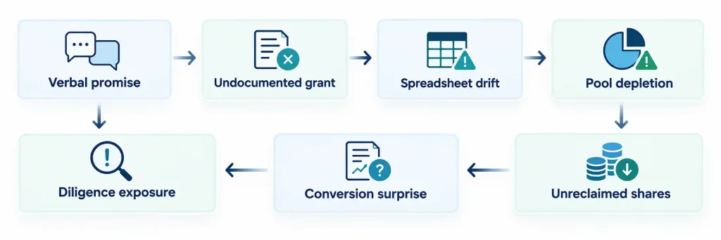 Flowchart of common cap table mistakes, from verbal promises and undocumented grants to spreadsheet drift and diligence exposure