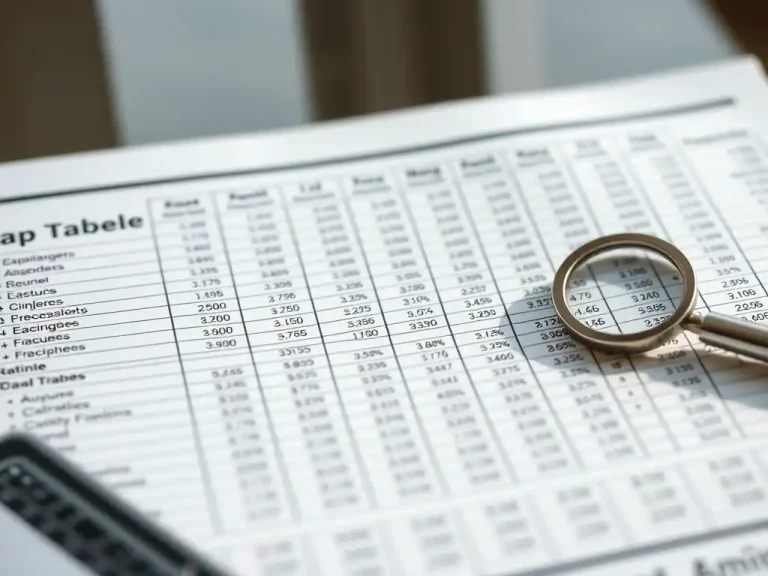 Magnifying glass over a printed cap table, representing investor due diligence on startup equity