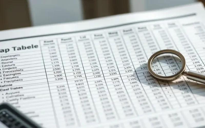 Magnifying glass over a printed cap table, representing investor due diligence on startup equity