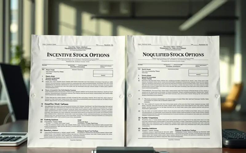 Incentive stock options and nonqualified stock options grant documents side by side on an office desk