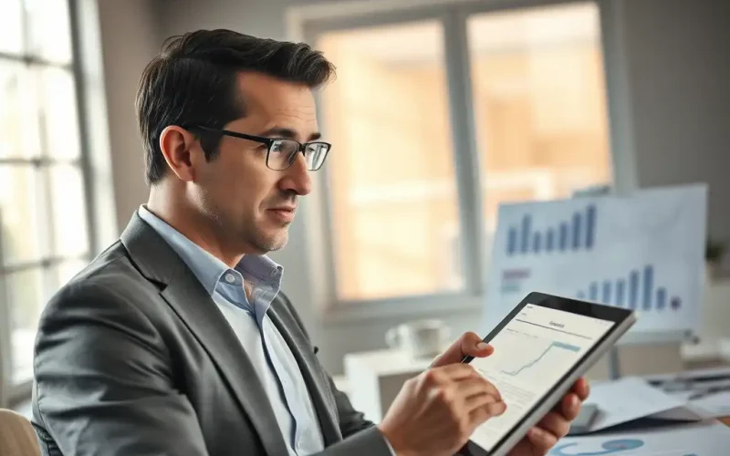 CFO reviewing stock option tax data on a tablet in a modern office