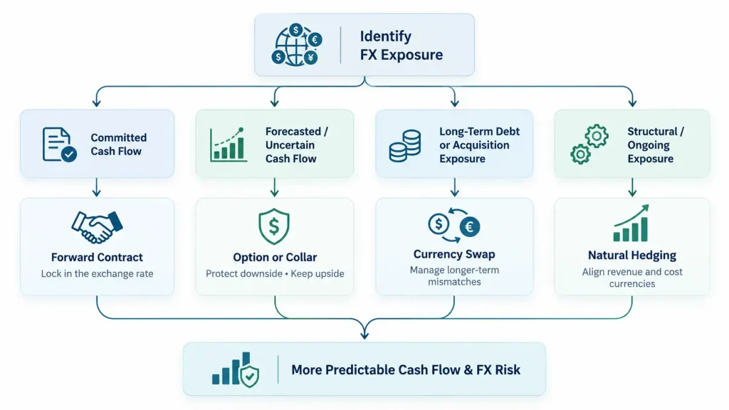 Foreign exchange risk decision framework: matching forward contracts, options, swaps, and natural hedging to exposure type