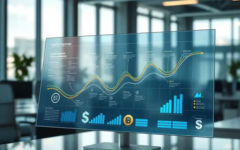 Office monitor displaying a financial performance dashboard with capital allocation and variance trend charts