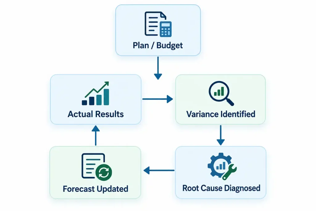 Circular diagram showing the variance analysis loop: plan and budget, actual results, variance identified, root cause diagnosed, forecast updated