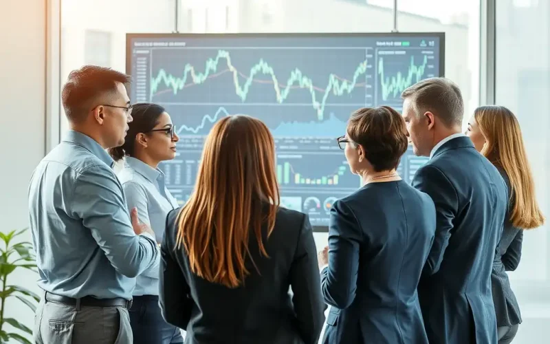 Finance team practicing stakeholder management while reviewing data on a boardroom dashboard