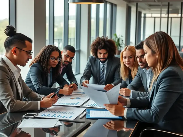 Finance and deal team reviewing financial due diligence documents and charts during an M&A review meeting