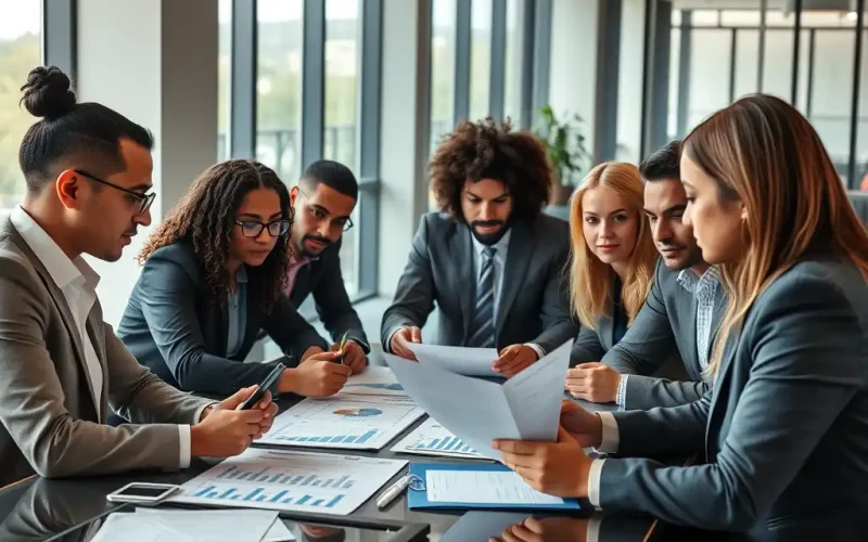 Finance and deal team reviewing financial due diligence documents and charts during an M&A review meeting