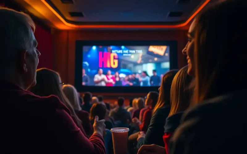 Audience watching a movie screen in a dimly lit theater