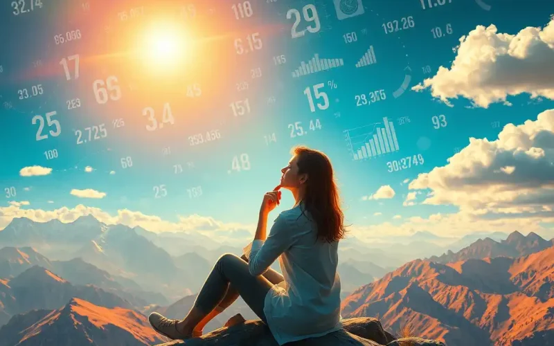 Person reflecting on financial data and scenario planning analysis with numbers and charts overlaid on a mountain landscape