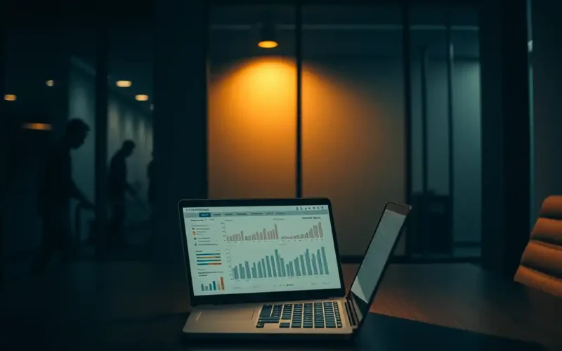 CFO reviewing human capital management dashboard and talent metrics late at night in the office
