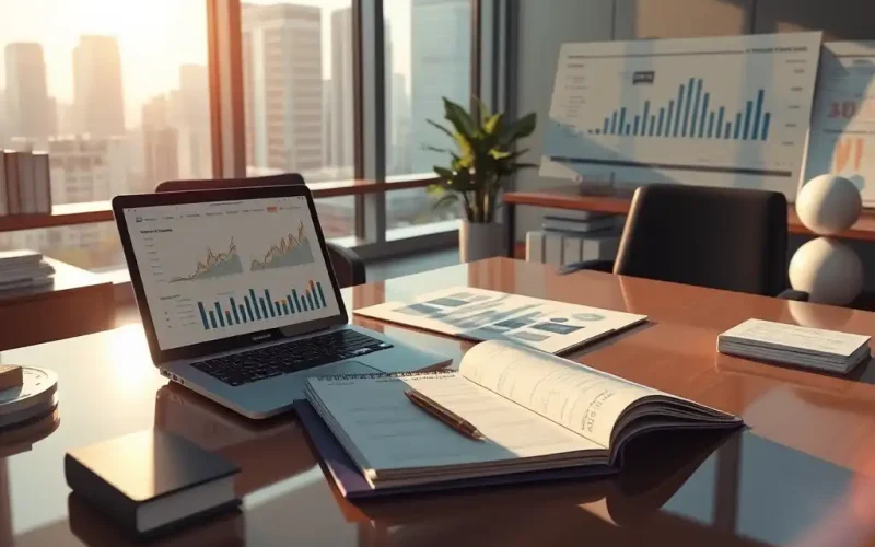 CFO reviewing financial charts and reports on debt management strategy for funding innovation