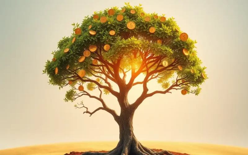 Tree with golden coins growing among its leaves, symbolizing succession planning and lasting financial continuity