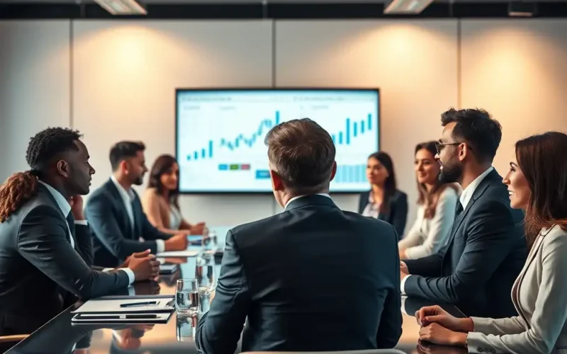 Executive team reviewing operating leverage and profit growth charts in a boardroom meeting