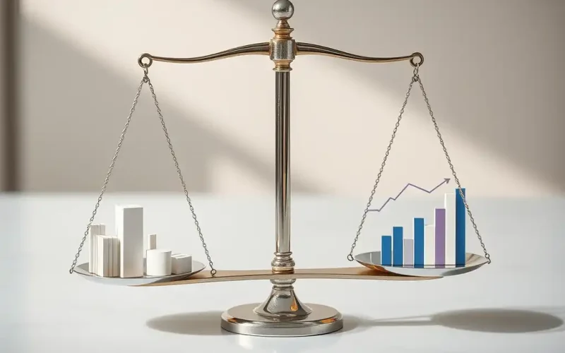Balance scale weighing white blocks against a rising bar chart to represent operating leverage and financial leverage