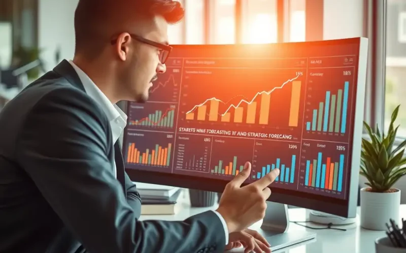 Finance executive reviewing revenue forecasting dashboards with growth charts on a curved monitor