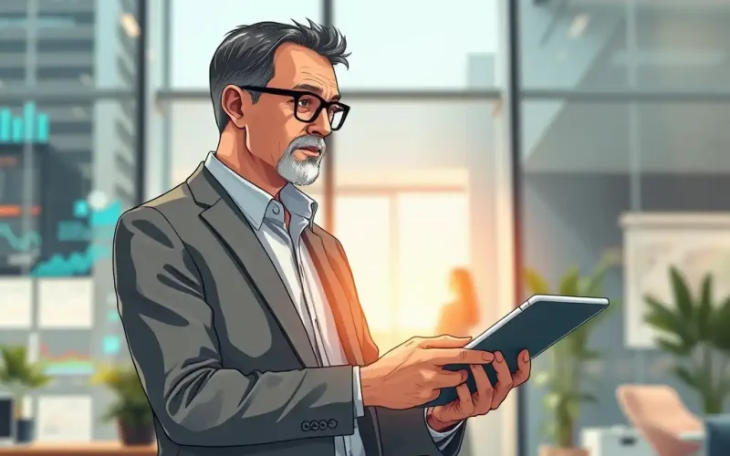 CFO reviewing customer experience strategy metrics on a tablet in a modern office with financial dashboards