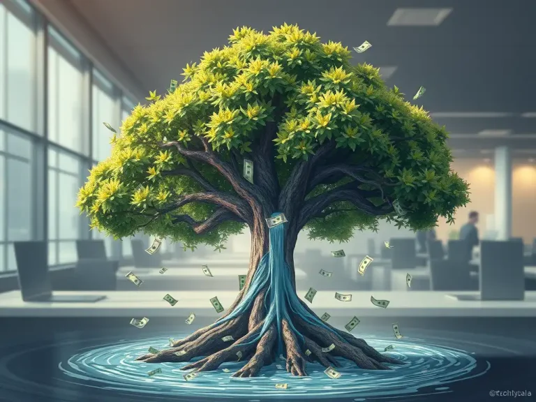 Illustration of a money tree growing in an office, representing free cash flow and financial growth