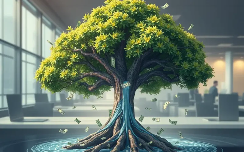 Illustration of a money tree growing in an office, representing free cash flow and financial growth