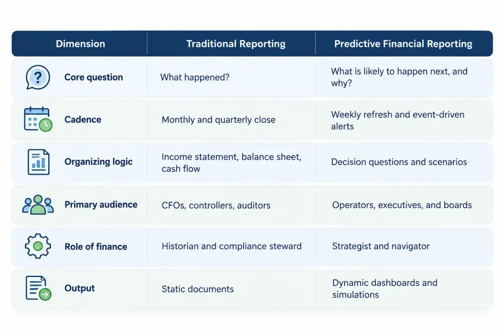 Table comparing traditional reporting and predictive financial reporting by core question, cadence, audience, and output