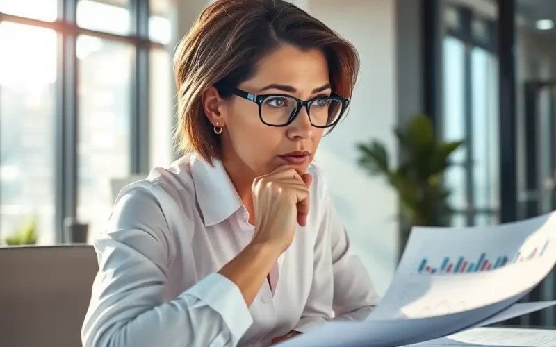 CFO reviewing financial charts and reports to assess M&A integration performance after a merger
