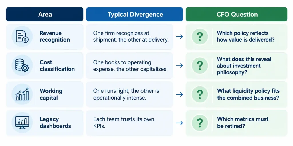 Table of where financial friction surfaces in M&A integration: revenue recognition, cost classification, working capital, and dashboards