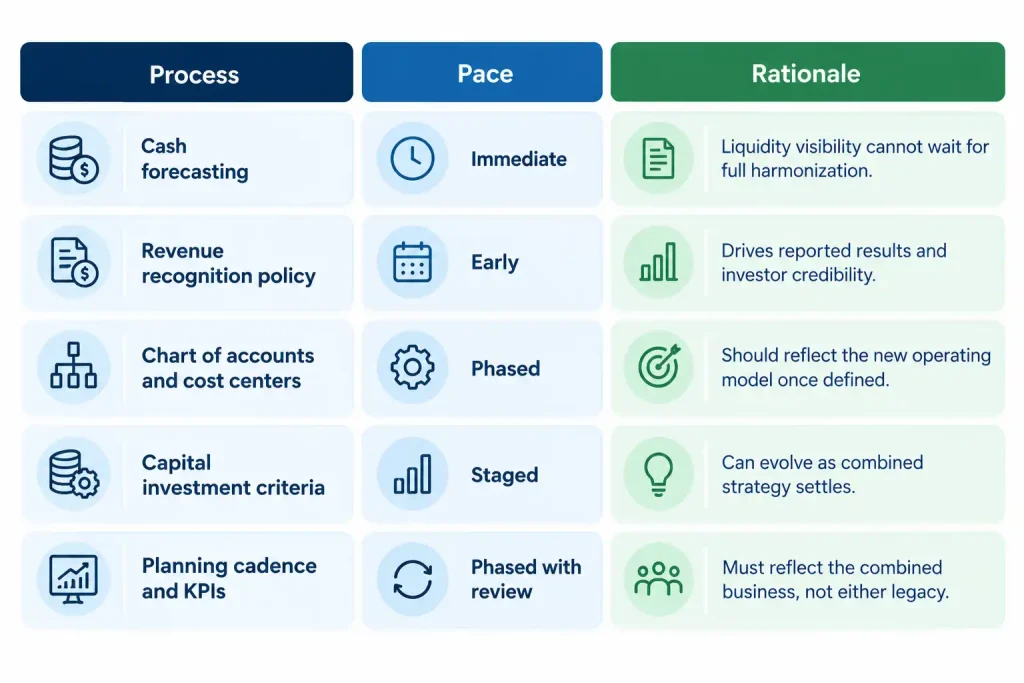 Table showing how to sequence M&A integration, from immediate cash forecasting to phased planning cadence and KPIs