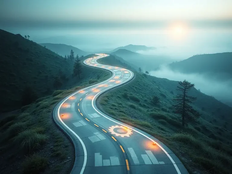 Winding road through misty hills toward a sunrise, representing a strategic roadmap from long-term vision to action