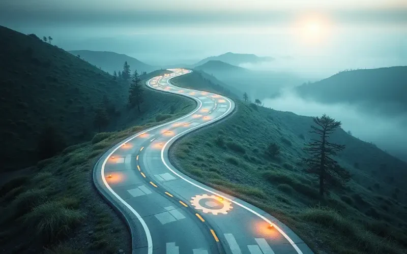 Winding road through misty hills toward a sunrise, representing a strategic roadmap from long-term vision to action