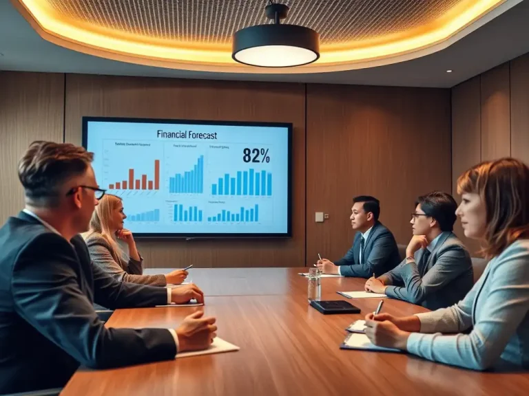 Executives in a boardroom reviewing a financial forecast presentation, showing how forecast credibility builds boardroom trust