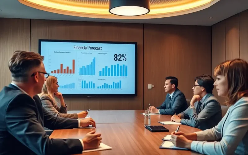 Executives in a boardroom reviewing a financial forecast presentation, showing how forecast credibility builds boardroom trust
