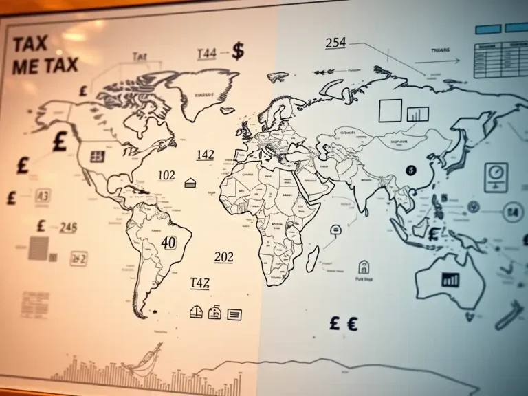 World map sketch with currency symbols and tax figures illustrating international tax planning across global jurisdictions