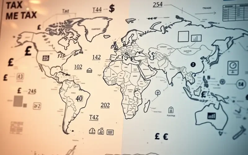 World map sketch with currency symbols and tax figures illustrating international tax planning across global jurisdictions