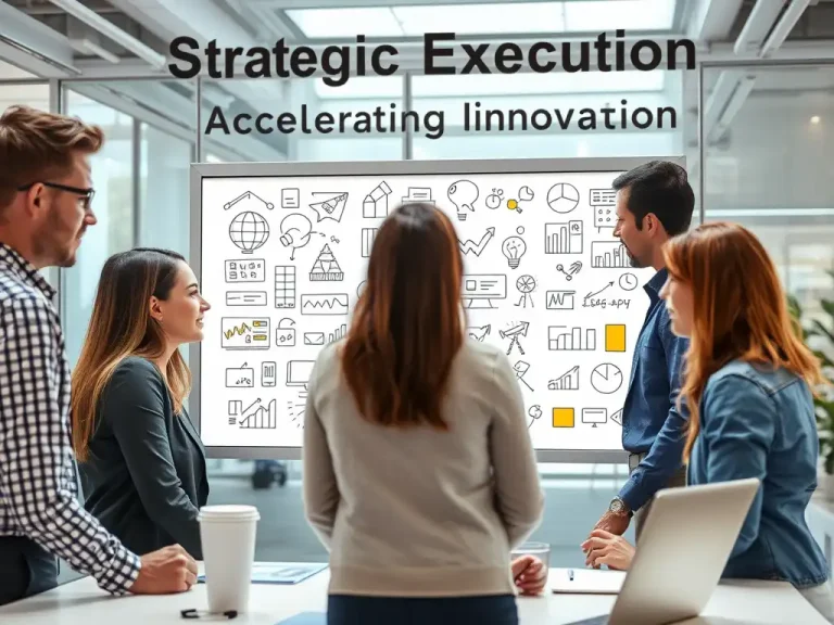 Leadership team discussing strategic innovation and execution around a whiteboard of growth charts and ideas