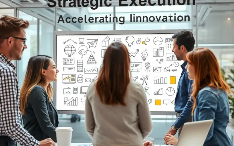 Leadership team discussing strategic innovation and execution around a whiteboard of growth charts and ideas